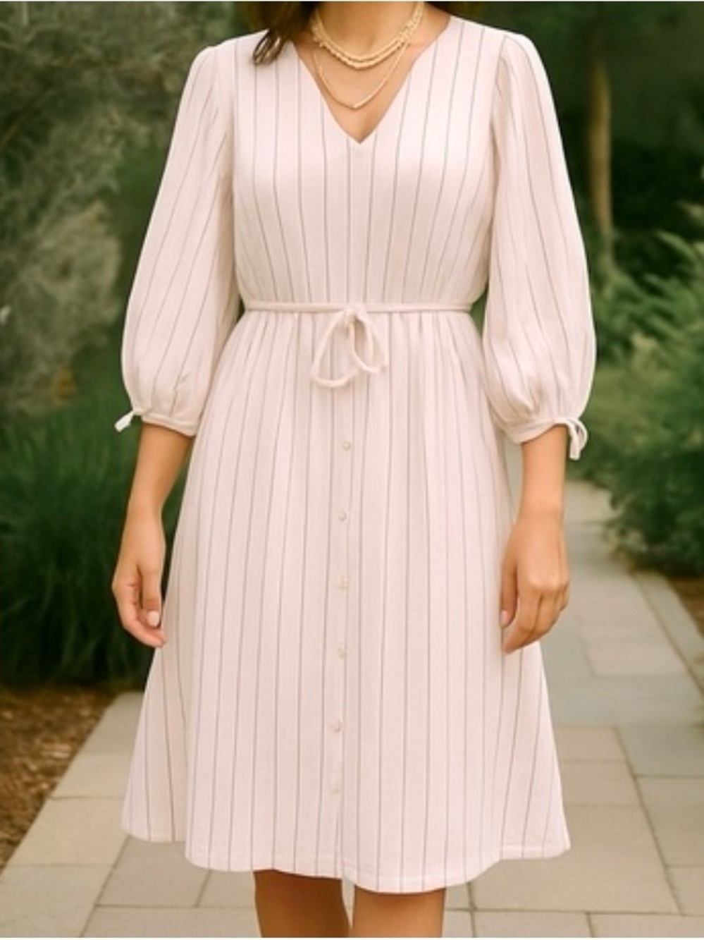 Calvin Klein V-Neck Midi Dress with Tie Waist - Blush pink/pinstriped -Size 14